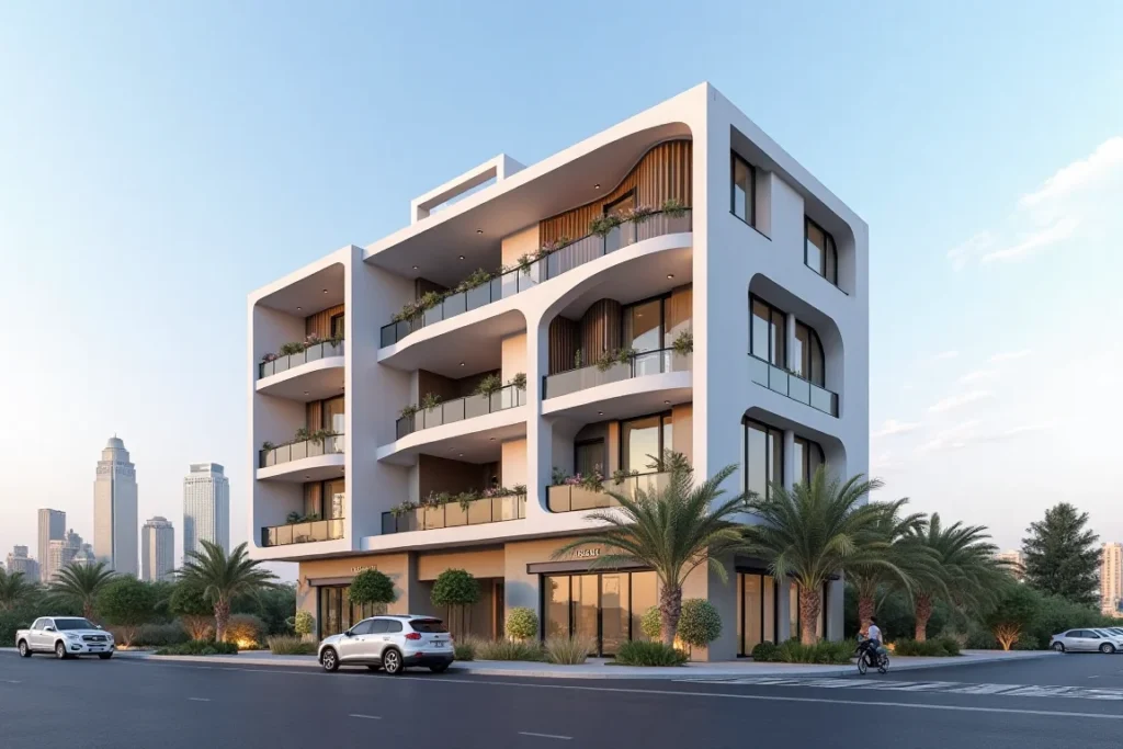 صورة لمبنى سكني أو تجاري حديث التصميم في جدة، مع تفاصيل معمارية مبتكرة، وخلفية تظهر تطور المدينة.