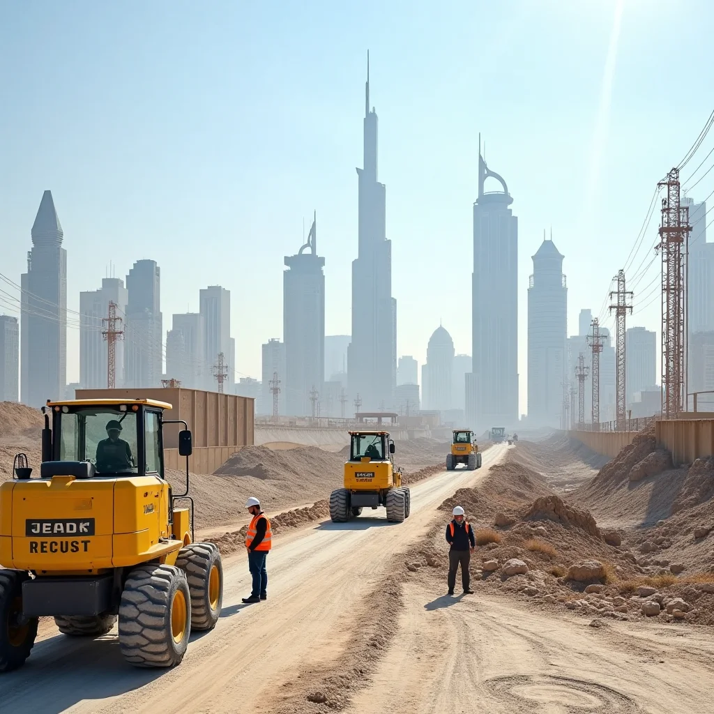 صورة لمشروع بناء حديث في جدة، مع وجود عمال بناء يعملون، وآلات بناء حديثة، وخلفية تظهر تطور المدينة.