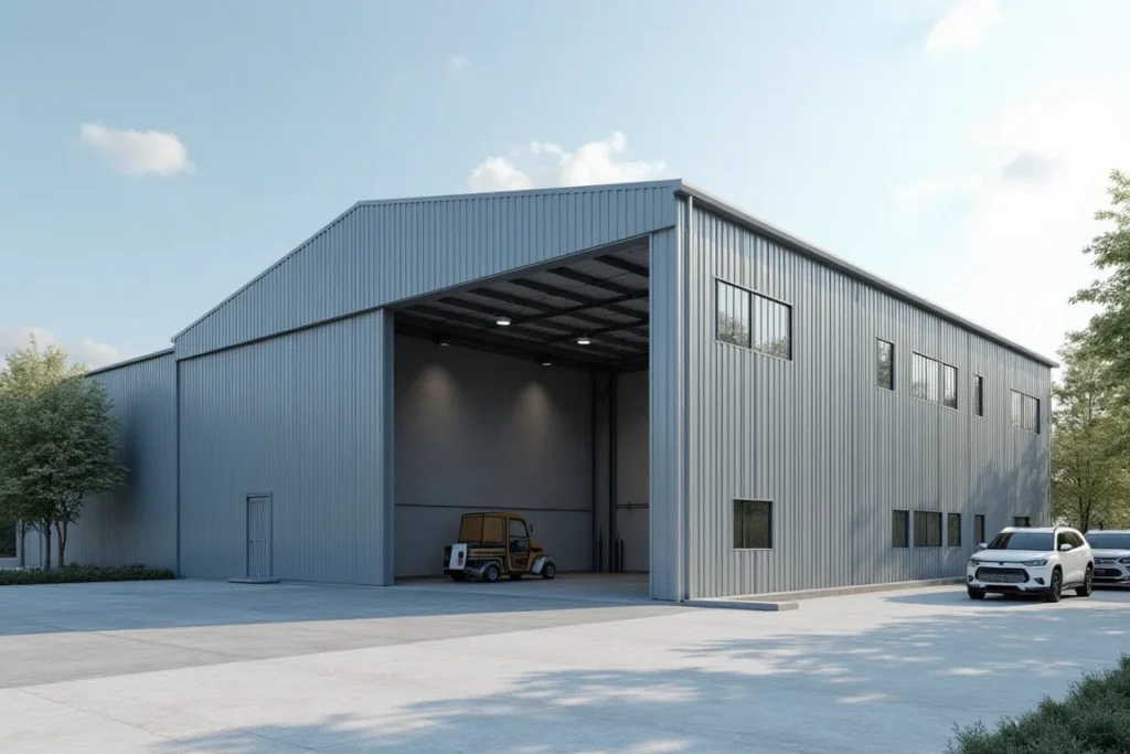 صورة لمستودع حديث البناء في جدة، مع تفاصيل هيكلية متطورة، وخلفية تظهر نشاطًا تجاريًا أو صناعيًا.