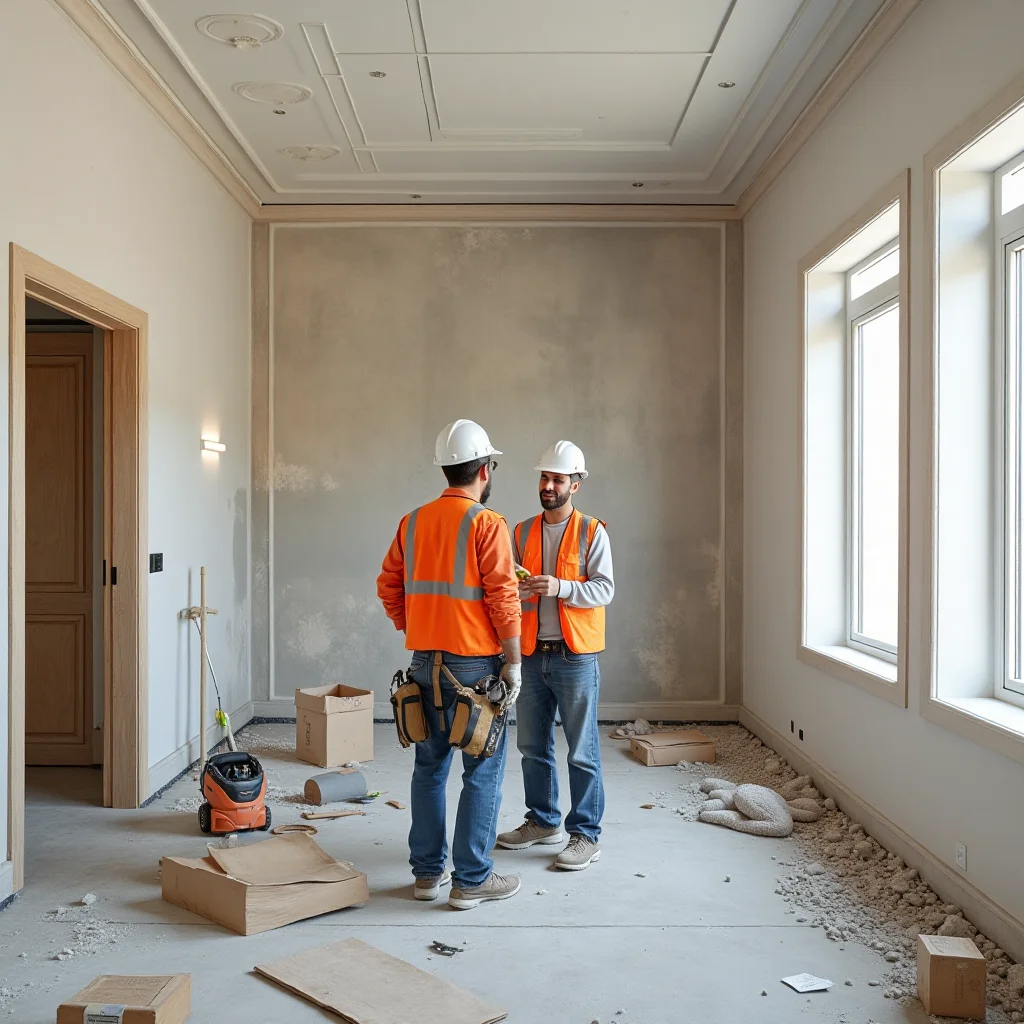 صورة لمنزل يتم ترميمه في جدة، مع وجود عمال بناء يعملون، وأدوات حديثة، وخلفية تظهر تفاصيل التصميم الداخلي.